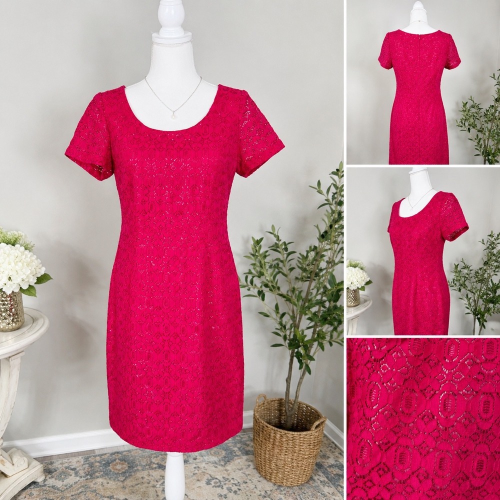 Preston & York Pink Lace Sheath Dress Short Sleeve Scoop Neck Fuchsia Size 10 - Picture 1 of 8